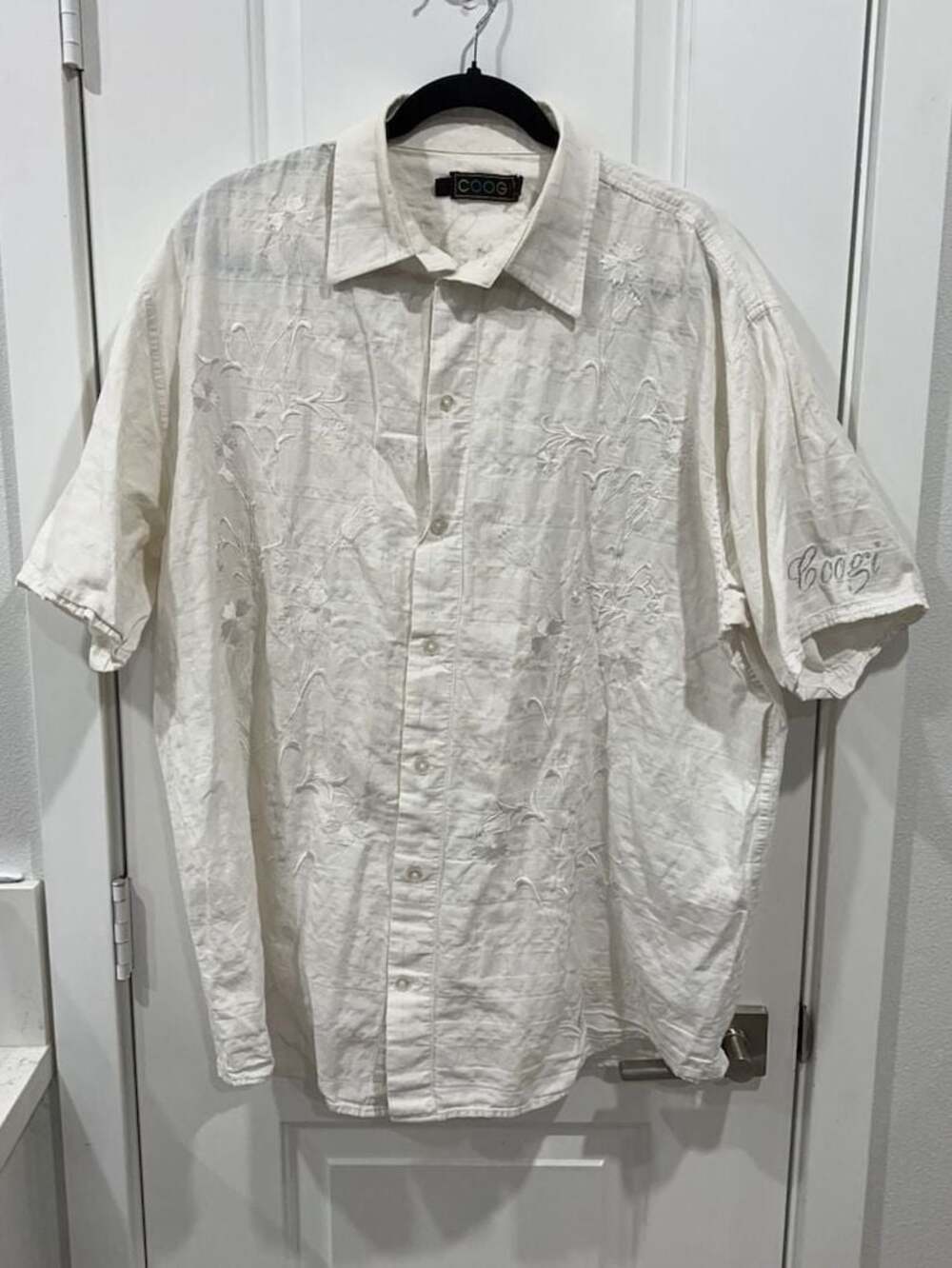 Coogi Men's White Embroidered Short Sleeve Button Down Shirt